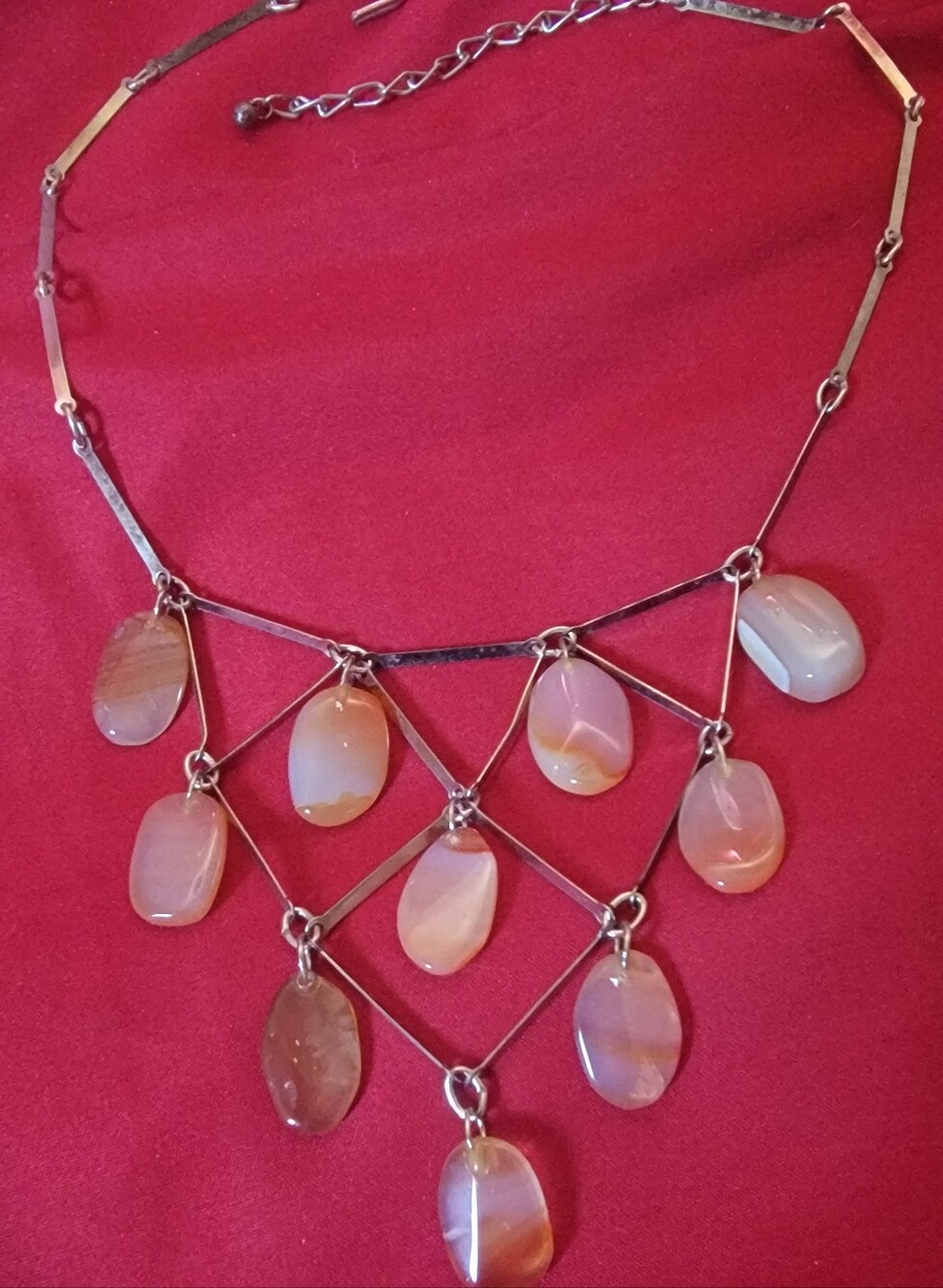 Vintage Carnelian /Agate Teardrop Silver-tone V -Bar Choker Necklace